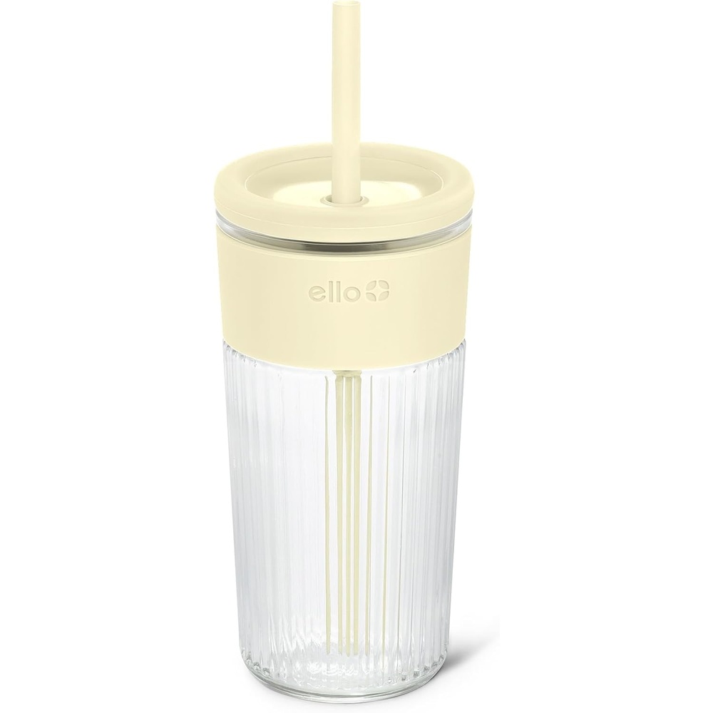 image:imageEllo Ava 18oz Glass Tumbler with Straw and Lid  Premium Ribbed Glass with Silicone Grip Car Cup Friendly Dishwasher Safe BPA Free  Iced Coffee Water Matcha Juice Cup  SugarplumLemon