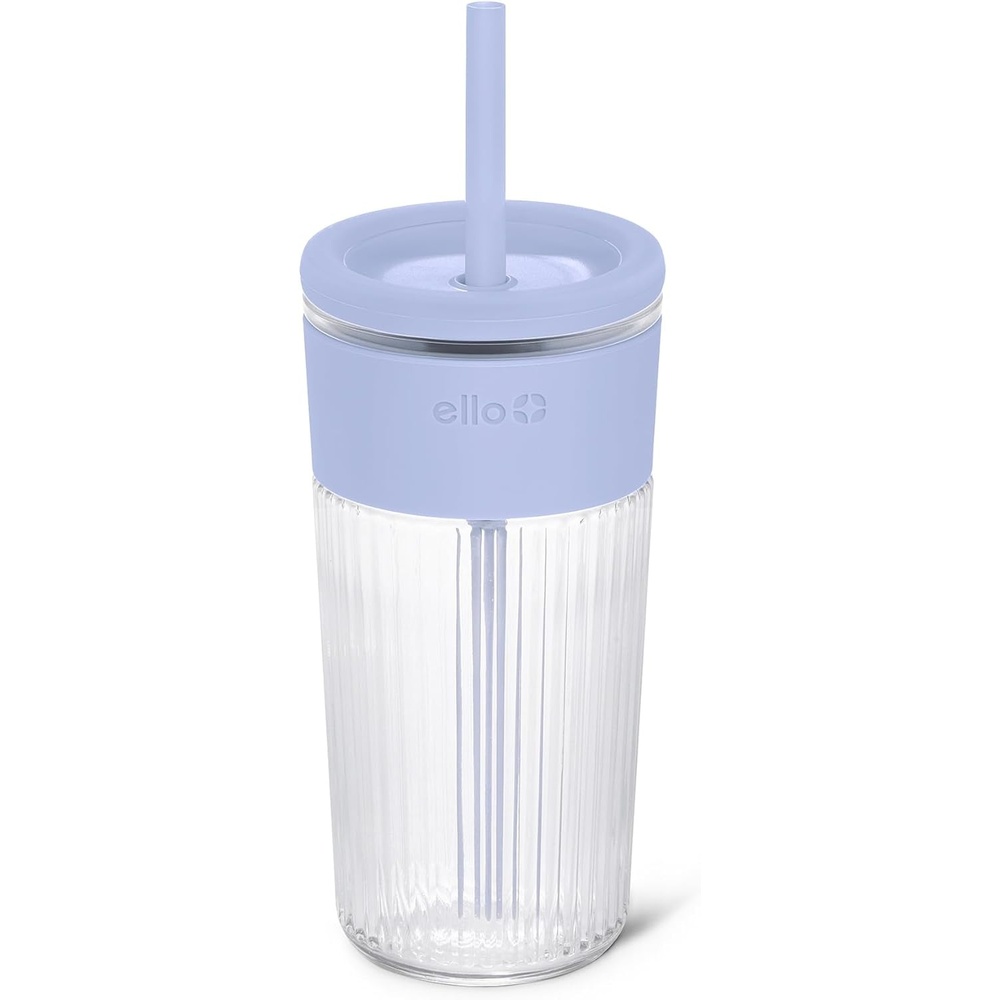 image:imageEllo Ava 18oz Glass Tumbler with Straw and Lid Premium Ribbed Glass with Silicone Grip Car Cup Friendly Dishwasher Safe BPA Free Iced Coffee Water Matcha Juice Cup SugarplumBlueberry
