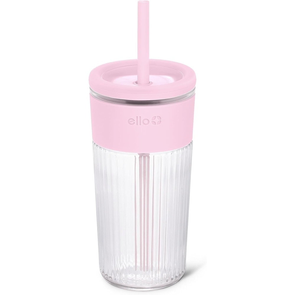 image:imageEllo Ava 18oz Glass Tumbler with Straw and Lid  Premium Ribbed Glass with Silicone Grip Car Cup Friendly Dishwasher Safe BPA Free  Iced Coffee Water Matcha Juice Cup  SugarplumPink Orchard