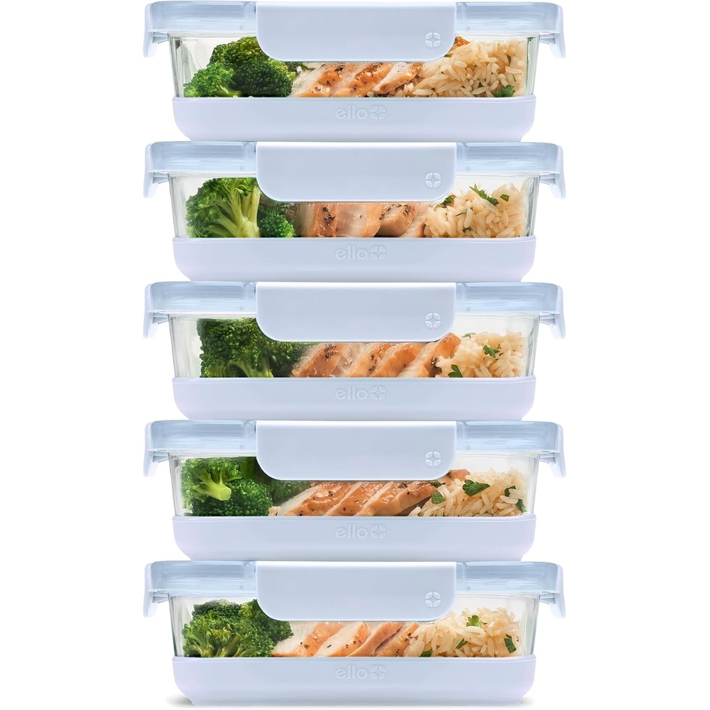 image:imageEllo Duraglass Refresh 34 Cup Meal Prep Sets 10Pc 5 Pack Set Glass Food Storage Container with Silicone Boot and Airtight BPAFree Plastic Lids Dishwasher Microwave and Freezer Safe MelonHalogen Blue with Boot