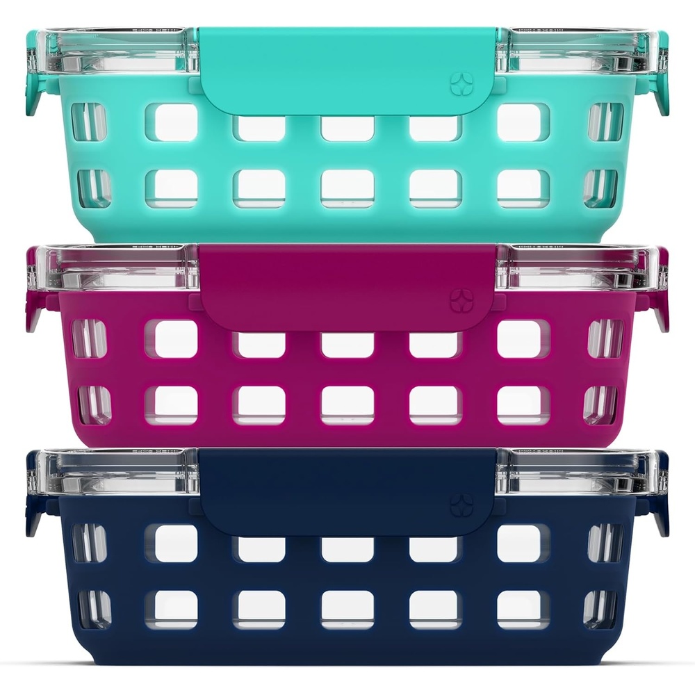 image:imageEllo Duraglass Refresh 34 Cup Meal Prep Sets 10Pc 5 Pack Set Glass Food Storage Container with Silicone Boot and Airtight BPAFree Plastic Lids Dishwasher Microwave and Freezer Safe MelonMixed Berry