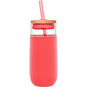 Ello Ava 18oz Glass Tumbler with Straw and Lid | Premium Ribbed Glass with Silicone Grip, Car Cup Friendly, Dishwasher Safe, BPA Free | Iced Coffee, Water, Matcha, Juice Cup | Sugarplum(Coral)