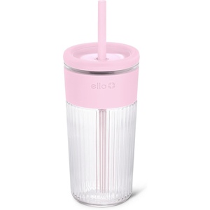 Ello Ava 18oz Glass Tumbler with Straw and Lid | Premium Ribbed Glass with Silicone Grip, Car Cup Friendly, Dishwasher Safe, BPA Free | Iced Coffee, Water, Matcha, Juice Cup | Sugarplum(Pink Orchard)