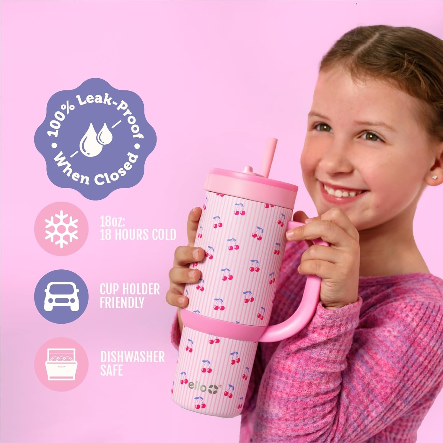 image:imageEllo Oasis 14oz Stainless Steel Toddler Tumbler with Handle amp Retracting Straw 100 Leakproof DoubleWall Vacuum Insulated Kids Water Bottle for School BPA Free Dishwasher Safe To The RescuePreppy Cherries