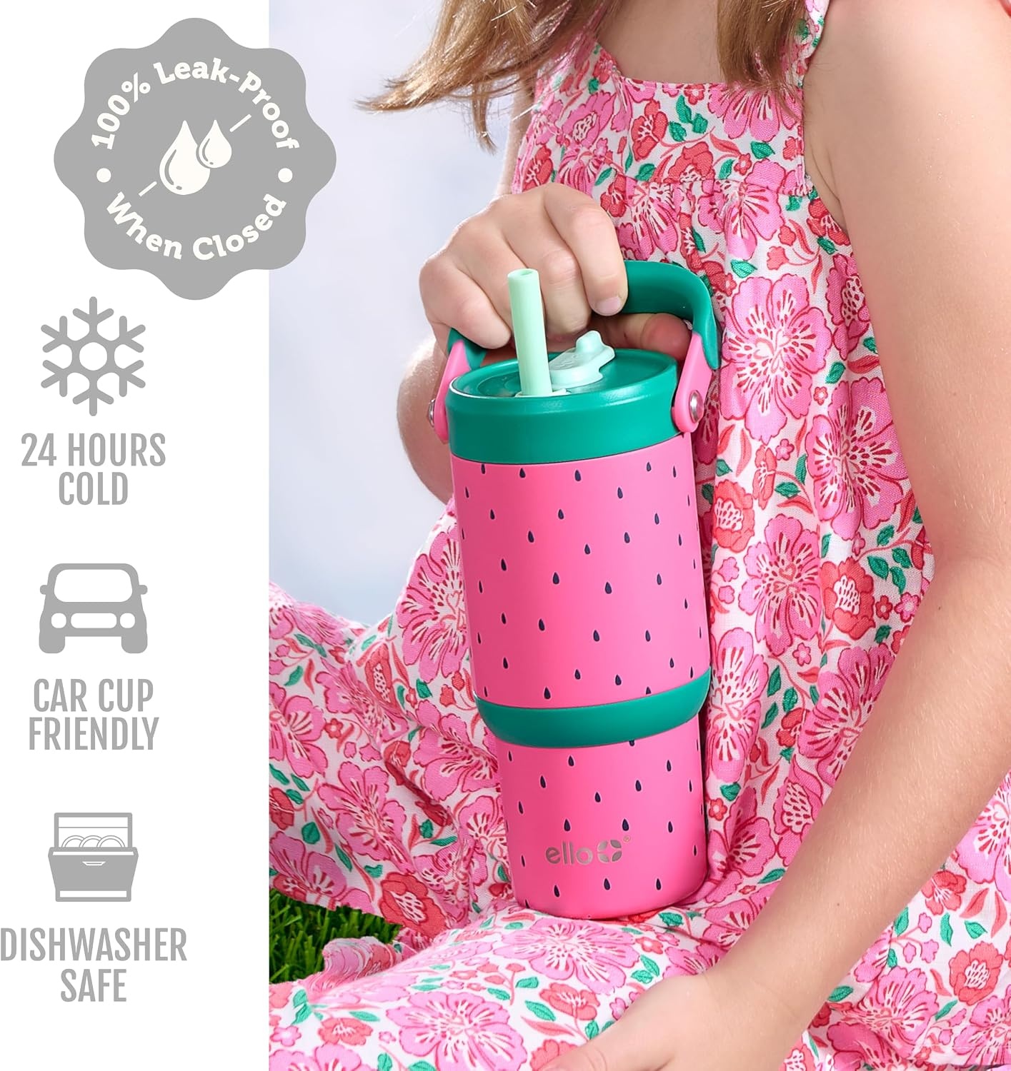 image:imageEllo Oasis 14oz Stainless Steel Toddler Tumbler with Handle amp Retracting Straw 100 Leakproof DoubleWall Vacuum Insulated Kids Water Bottle for School BPA Free Dishwasher Safe To The RescueWatermelon