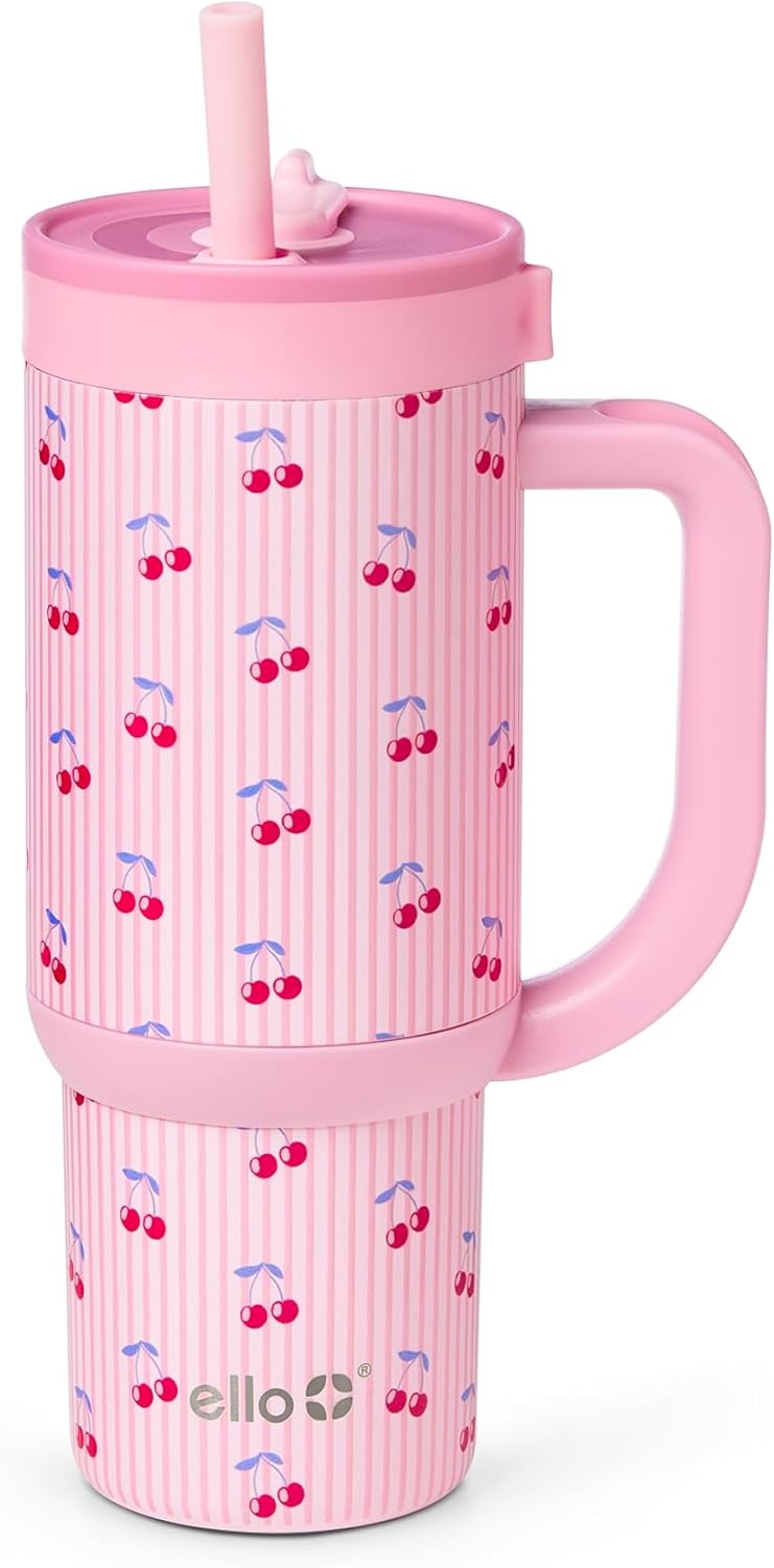image:imageEllo Oasis 14oz Stainless Steel Toddler Tumbler with Handle amp Retracting Straw 100 Leakproof DoubleWall Vacuum Insulated Kids Water Bottle for School BPA Free Dishwasher Safe To The RescuePreppy Cherries