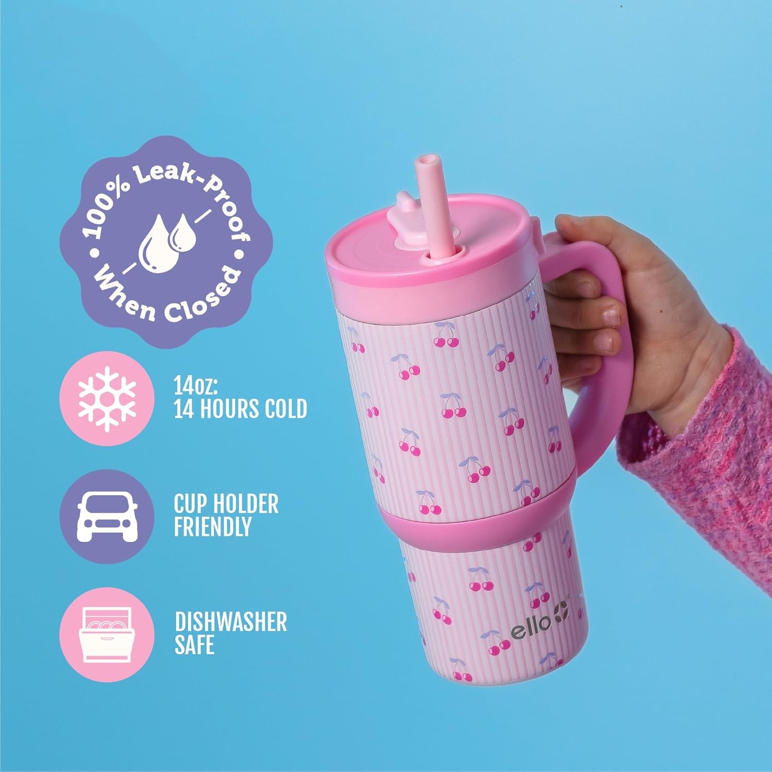 image:imageEllo Oasis 14oz Stainless Steel Toddler Tumbler with Handle amp Retracting Straw 100 Leakproof DoubleWall Vacuum Insulated Kids Water Bottle for School BPA Free Dishwasher Safe To The RescuePreppy Cherries