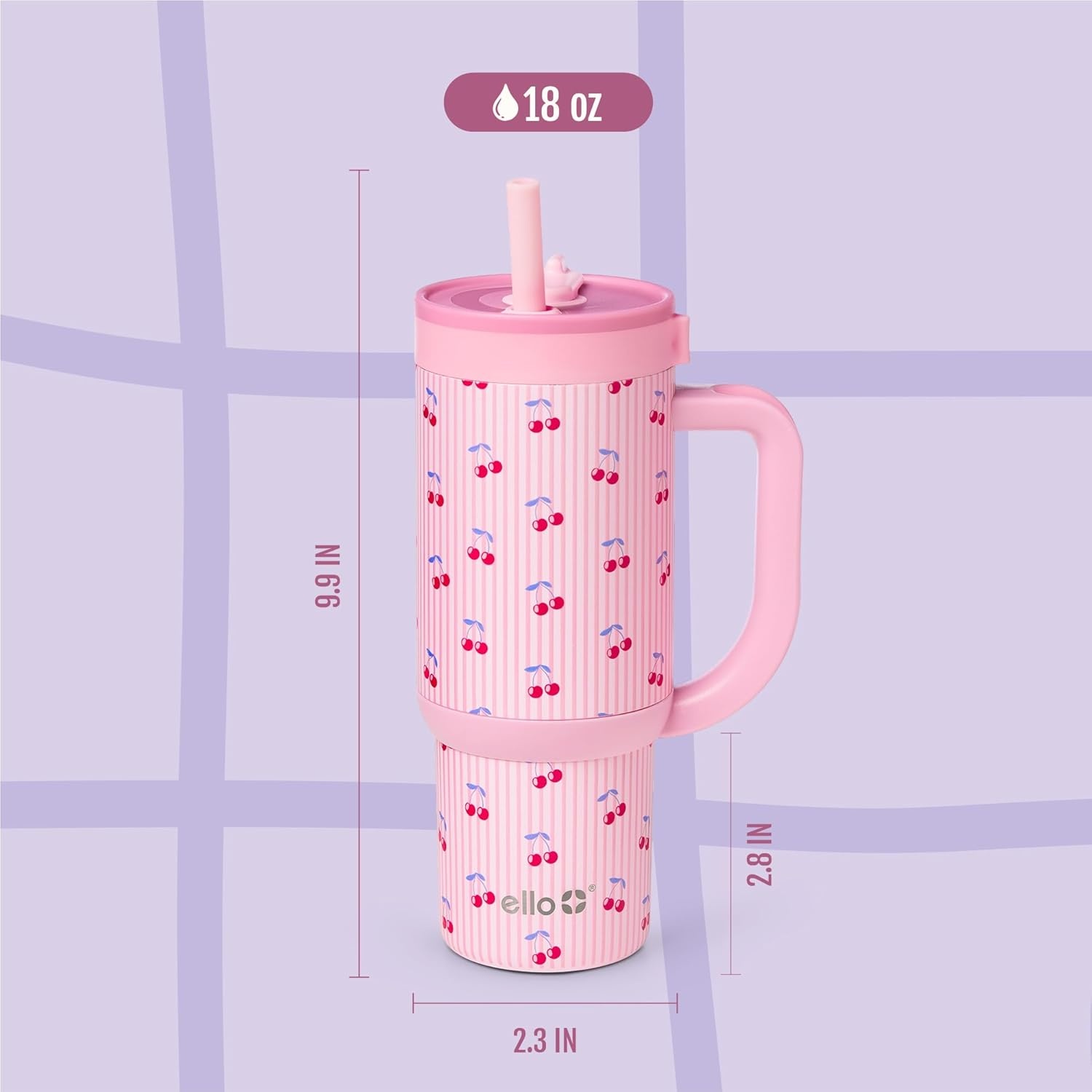 image:imageEllo Oasis 14oz Stainless Steel Toddler Tumbler with Handle amp Retracting Straw 100 Leakproof DoubleWall Vacuum Insulated Kids Water Bottle for School BPA Free Dishwasher Safe To The RescuePreppy Cherries