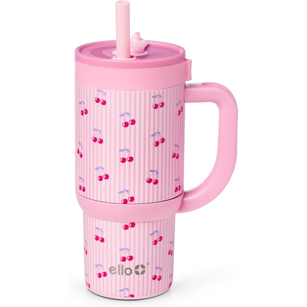 image:imageEllo Oasis 14oz Stainless Steel Toddler Tumbler with Handle amp Retracting Straw 100 Leakproof DoubleWall Vacuum Insulated Kids Water Bottle for School BPA Free Dishwasher Safe To The RescuePreppy Cherries