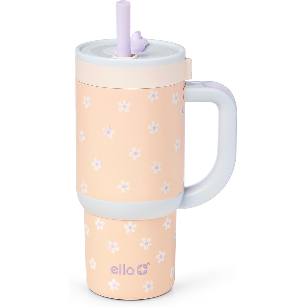 image:imageEllo Oasis 14oz Stainless Steel Toddler Tumbler with Handle amp Retracting Straw 100 Leakproof DoubleWall Vacuum Insulated Kids Water Bottle for School BPA Free Dishwasher Safe To The RescueOrange Daisies