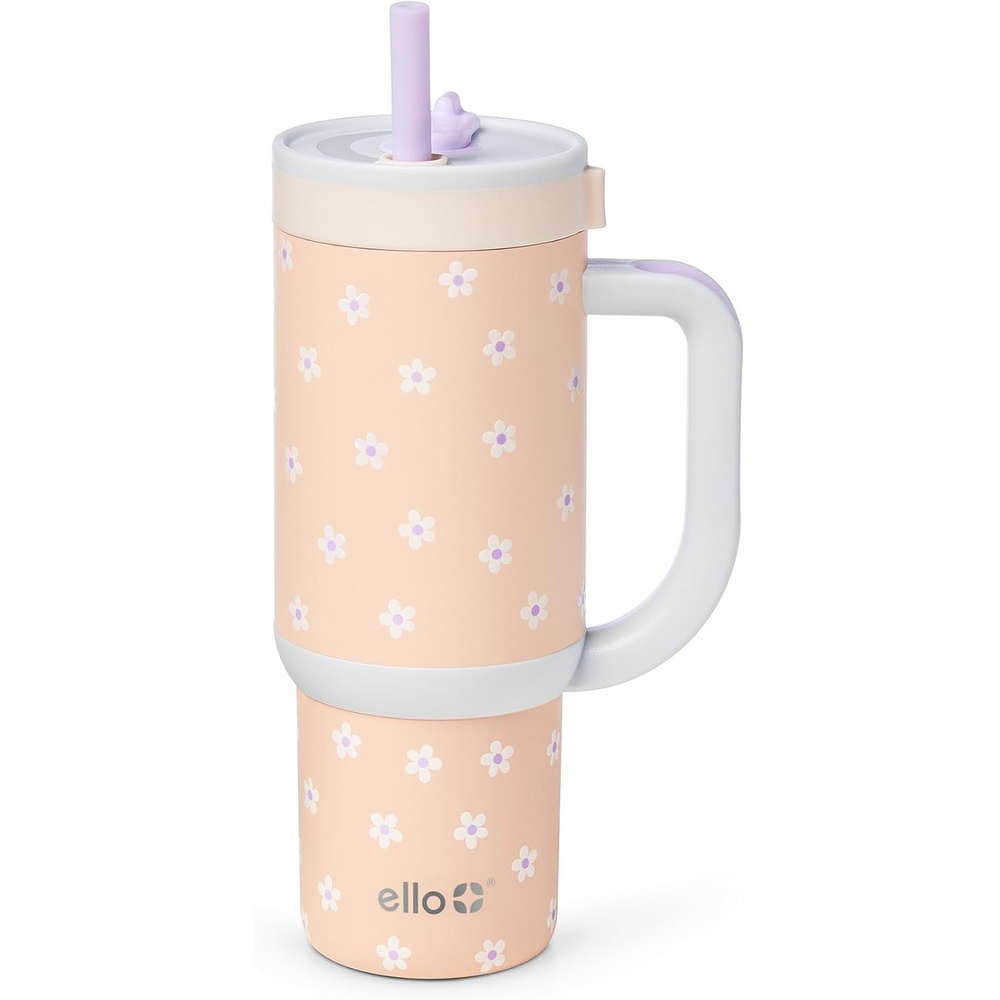 image:imageEllo Oasis 14oz Stainless Steel Toddler Tumbler with Handle amp Retracting Straw 100 Leakproof DoubleWall Vacuum Insulated Kids Water Bottle for School BPA Free Dishwasher Safe To The RescueOrange Daises