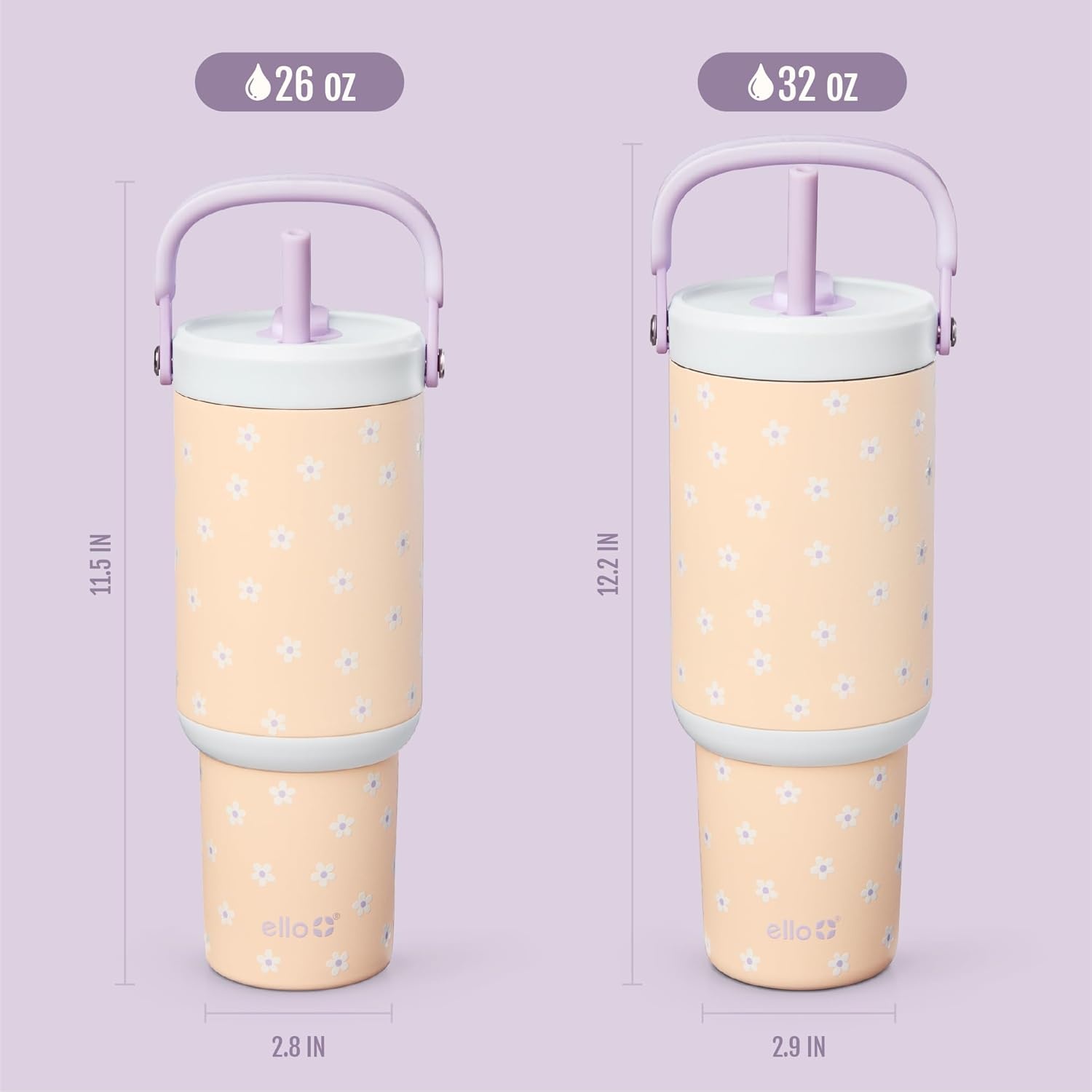 image:imageEllo Oasis Go 26oz Tumbler with Top Handle and Retracting Straw Reusable Insulated Stainless Steel Cup 100 Leakproof Water Bottle 24 Hours Cold Cup Holder Friendly For Travel OrchidDaisies