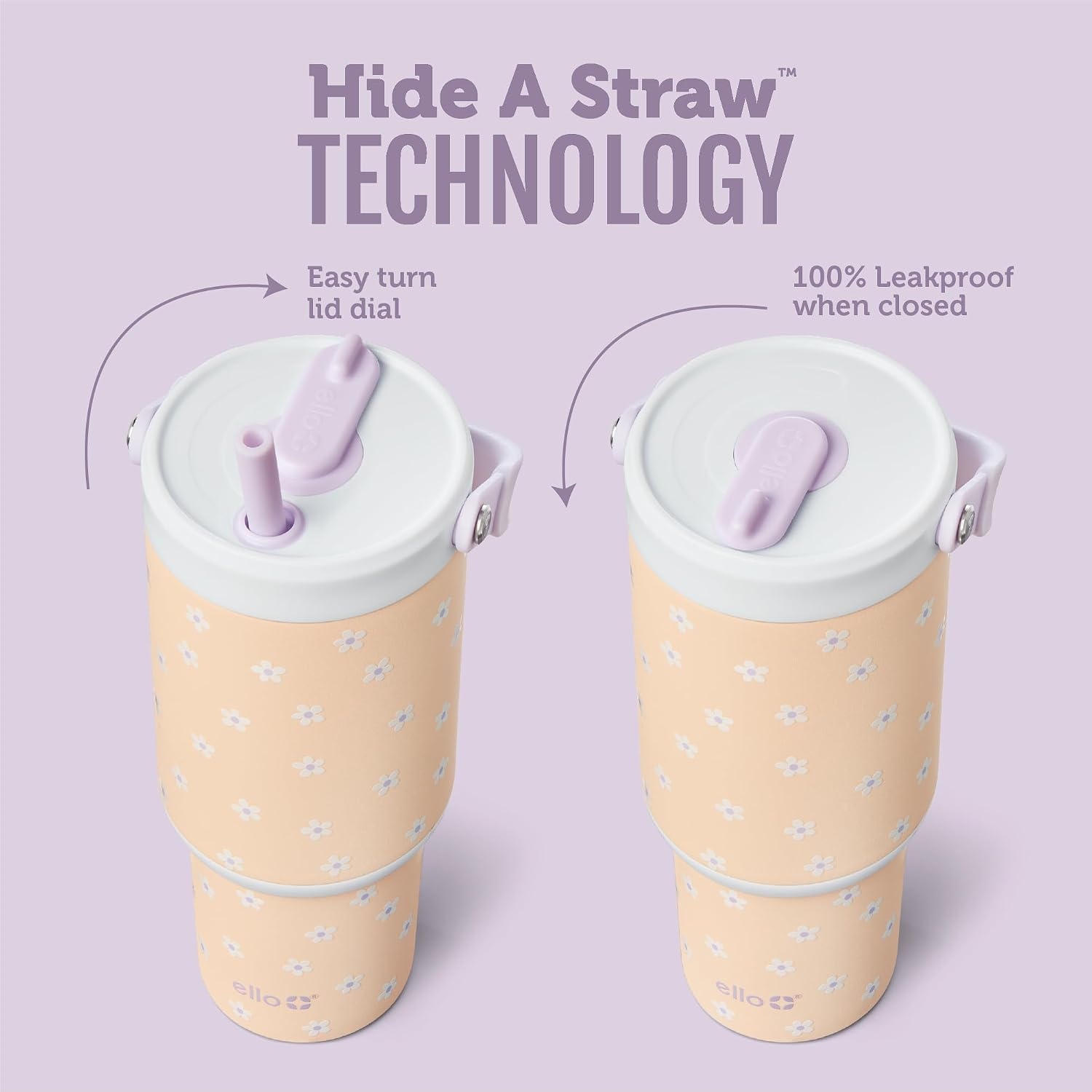 image:imageEllo Oasis Go 26oz Tumbler with Top Handle and Retracting Straw Reusable Insulated Stainless Steel Cup 100 Leakproof Water Bottle 24 Hours Cold Cup Holder Friendly For Travel OrchidDaisies