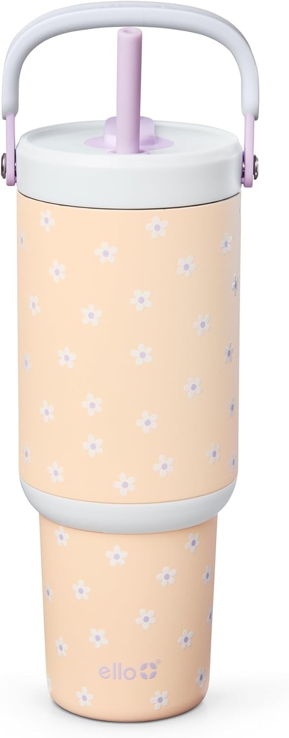 image:imageEllo Oasis Go 26oz Tumbler with Top Handle and Retracting Straw Reusable Insulated Stainless Steel Cup 100 Leakproof Water Bottle 24 Hours Cold Cup Holder Friendly For Travel OrchidDaisies