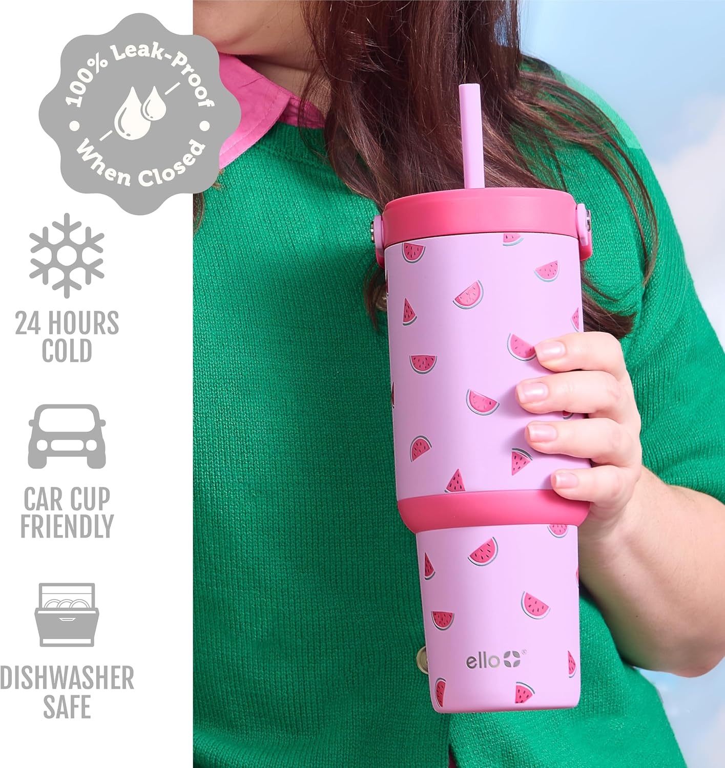 image:imageEllo Oasis Go 26oz Tumbler with Top Handle and Retracting Straw Reusable Insulated Stainless Steel Cup 100 Leakproof Water Bottle 24 Hours Cold Cup Holder Friendly For Travel OrchidOne In a Melon