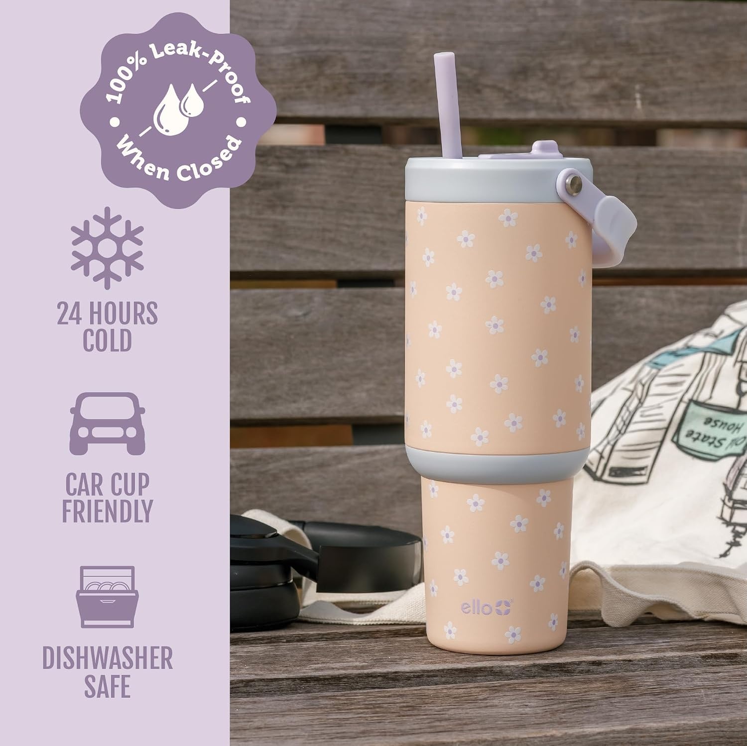 image:imageEllo Oasis Go 26oz Tumbler with Top Handle and Retracting Straw Reusable Insulated Stainless Steel Cup 100 Leakproof Water Bottle 24 Hours Cold Cup Holder Friendly For Travel OrchidDaisies