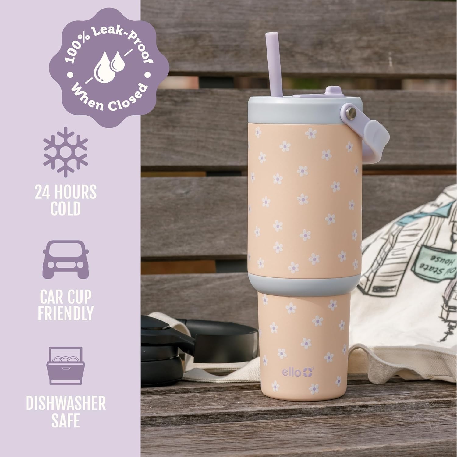 image:imageEllo Oasis Go 26oz Tumbler with Top Handle and Retracting Straw Reusable Insulated Stainless Steel Cup 100 Leakproof Water Bottle 24 Hours Cold Cup Holder Friendly For Travel OrchidDaisies
