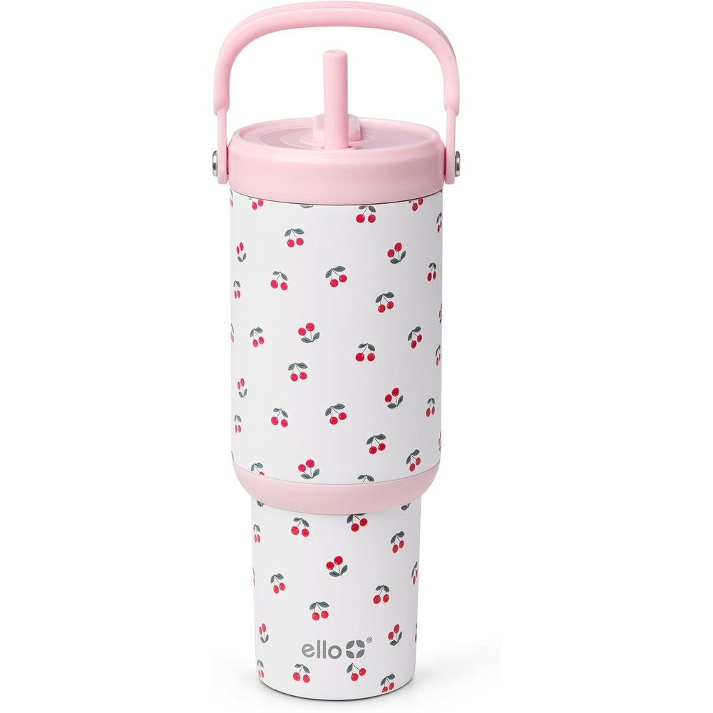 image:imageEllo Oasis Go 26oz Tumbler with Top Handle and Retracting Straw Reusable Insulated Stainless Steel Cup 100 Leakproof Water Bottle 24 Hours Cold Cup Holder Friendly For Travel OrchidCherries Jubilee
