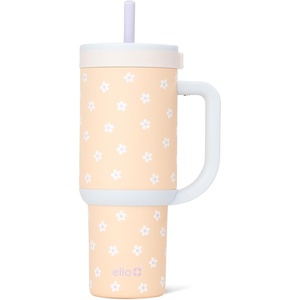 Ello Oasis 30oz Tumbler with Handle & Retracting Straw | Reusable Insulated Stainless Steel Cup 100% Leakproof | Keeps Cold for 23 Hours | Cup Holder Friendly | Picnic on the Vine(Orange Daisies)