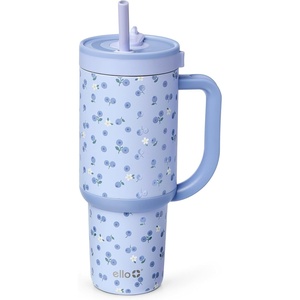 Ello Oasis 30oz Tumbler with Handle & Retracting Straw | Reusable Insulated Stainless Steel Cup 100% Leakproof | Keeps Cold for 23 Hours | Cup Holder Friendly | Picnic on the Vine(Blueberries)