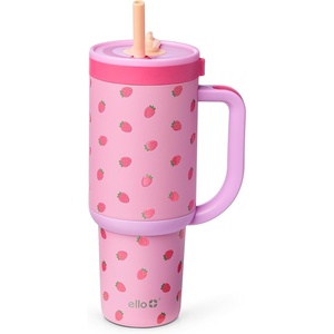 Ello Oasis 30oz Tumbler with Handle & Retracting Straw | Reusable Insulated Stainless Steel Cup 100% Leakproof | Keeps Cold for 23 Hours | Cup Holder Friendly | Picnic on the Vine(Strawberries)