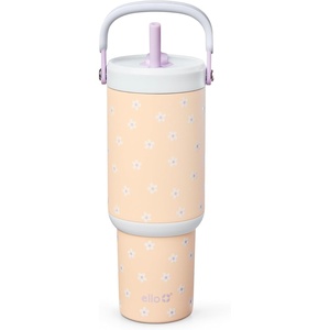 Ello Oasis Go+ 26oz Tumbler with Top Handle and Retracting Straw | Reusable Insulated Stainless Steel Cup, 100% Leakproof Water Bottle, 24 Hours Cold, Cup Holder Friendly For Travel | Orchid(Daisies)