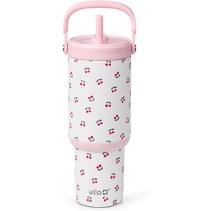 Ello Oasis Go+ 26oz Tumbler with Top Handle and Retracting Straw | Reusable Insulated Stainless Steel Cup, 100% Leakproof Water Bottle, 24 Hours Cold, Cup Holder Friendly For Travel | Orchid(Cherries Jubilee)