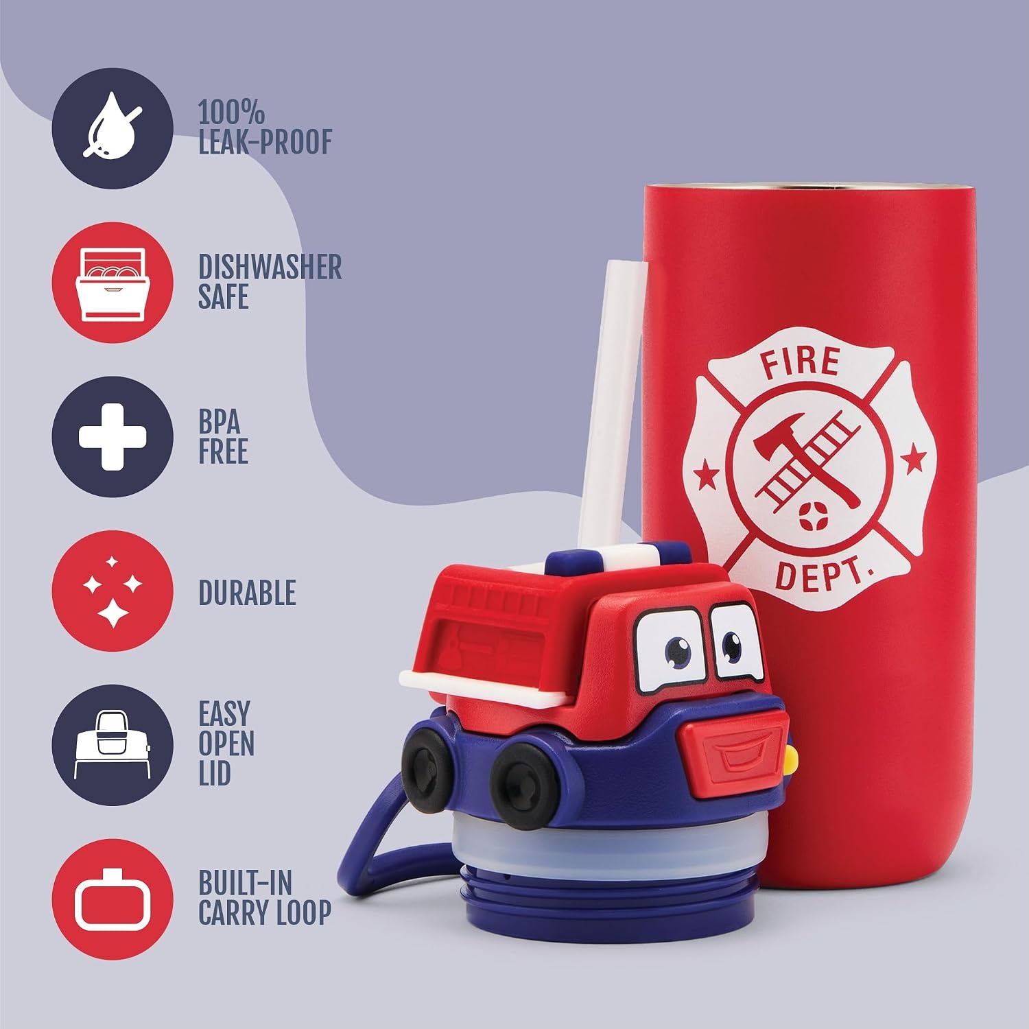 image:imageEllo Ellies 12oz Stainless Steel Leakproof Kids Water Bottle Lamb Princess Insulated kids water bottle with straw leakproof locking lid carry handle and stainless steel fun animal design for schoolFiretruck