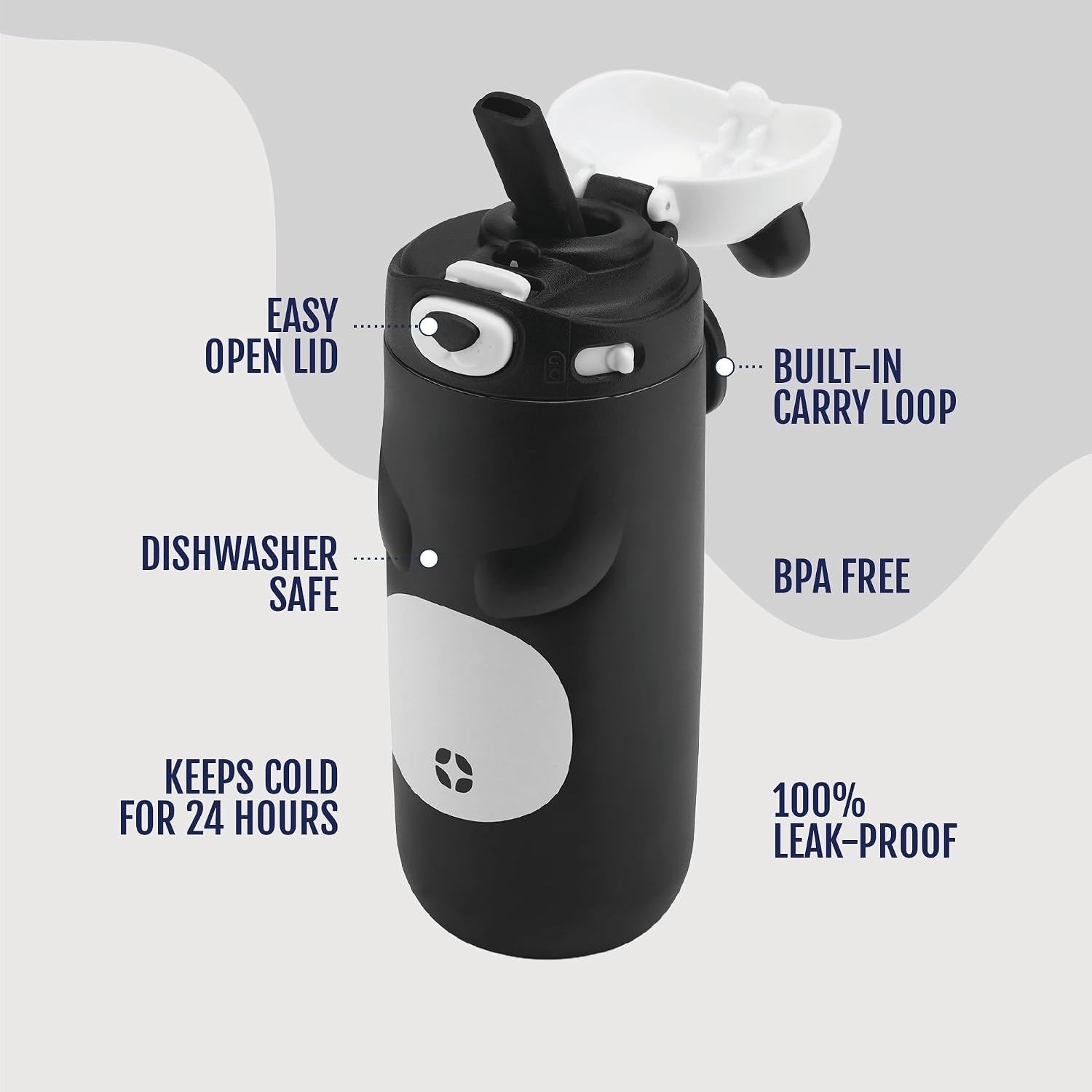 image:imageEllo Ellies 12oz Stainless Steel Leakproof Kids Water Bottle Lamb Princess Insulated kids water bottle with straw leakproof locking lid carry handle and stainless steel fun animal design for schoolPanda