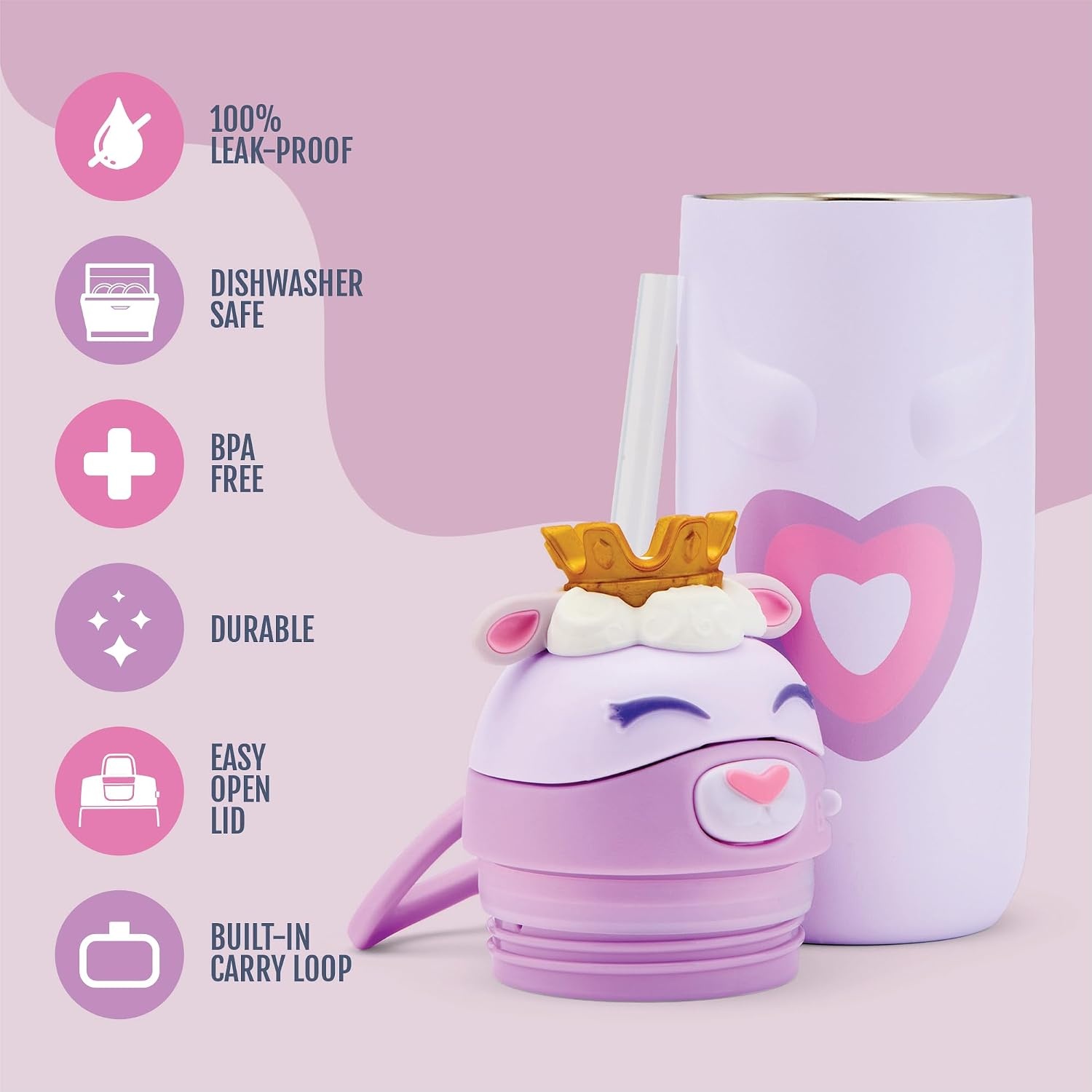 image:imageEllo Ellies 12oz Stainless Steel Leakproof Kids Water Bottle Lamb Princess Insulated kids water bottle with straw leakproof locking lid carry handle and stainless steel fun animal design for schoolLamb Princess