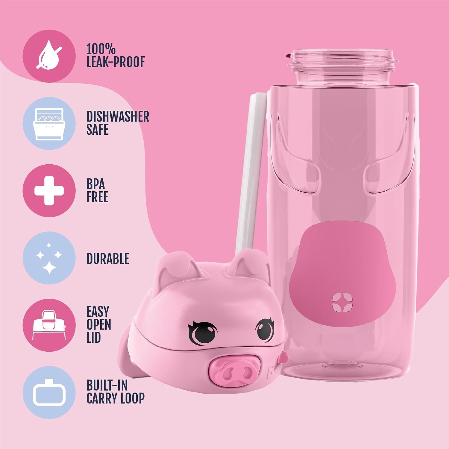 image:imageEllo Ellies 12oz Stainless Steel Leakproof Kids Water Bottle Lamb Princess Insulated kids water bottle with straw leakproof locking lid carry handle and stainless steel fun animal design for schoolPig