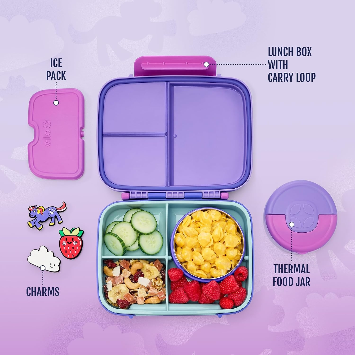 image:imageEllo Benni Kids Bento Box with Insulated Food Jar and Ice Pack Leakproof Lunch Container 3 Compartments Charm Compatible Hot and Cold Food Storage for School Lunch and Field Trips RainforestGrape Fizz