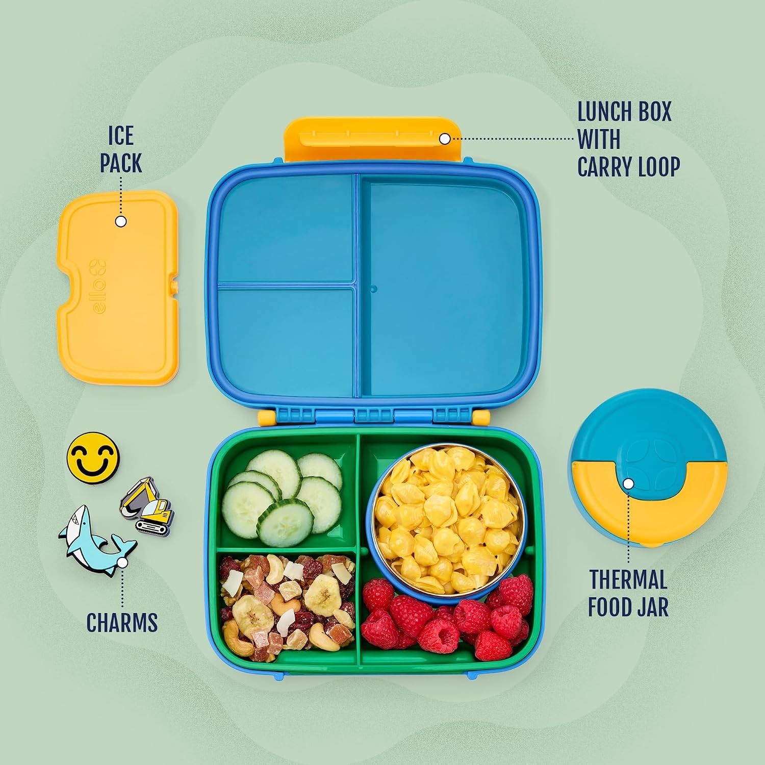 image:imageEllo Benni Kids Bento Box with Insulated Food Jar and Ice Pack Leakproof Lunch Container 3 Compartments Charm Compatible Hot and Cold Food Storage for School Lunch and Field Trips RainforestRainforest