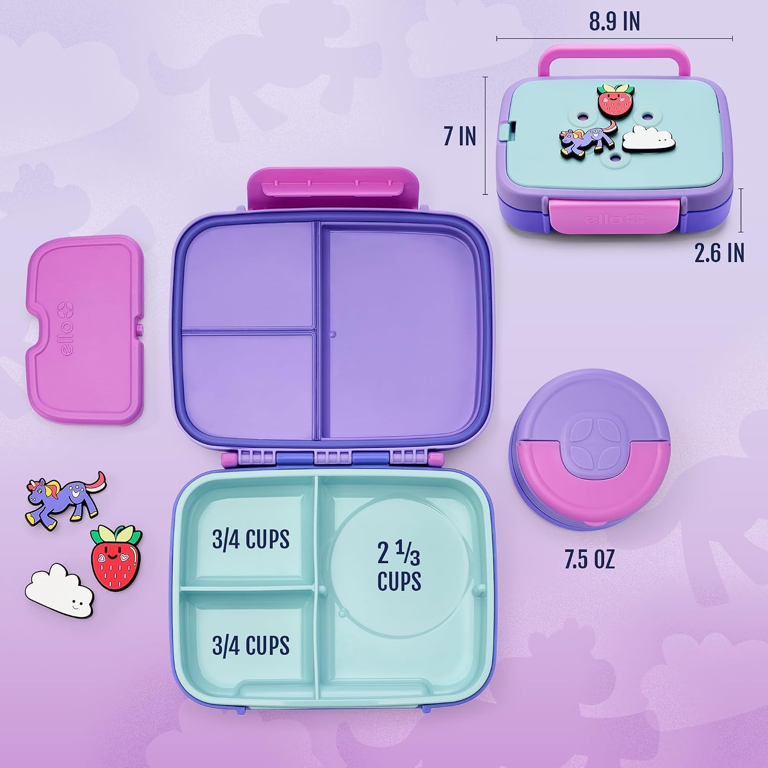 image:imageEllo Benni Kids Bento Box with Insulated Food Jar and Ice Pack Leakproof Lunch Container 3 Compartments Charm Compatible Hot and Cold Food Storage for School Lunch and Field Trips RainforestGrape Fizz