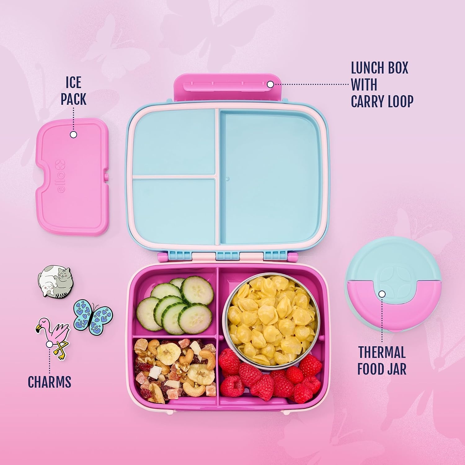 image:imageEllo Benni Kids Bento Box with Insulated Food Jar and Ice Pack Leakproof Lunch Container 3 Compartments Charm Compatible Hot and Cold Food Storage for School Lunch and Field Trips RainforestRazzmatazz