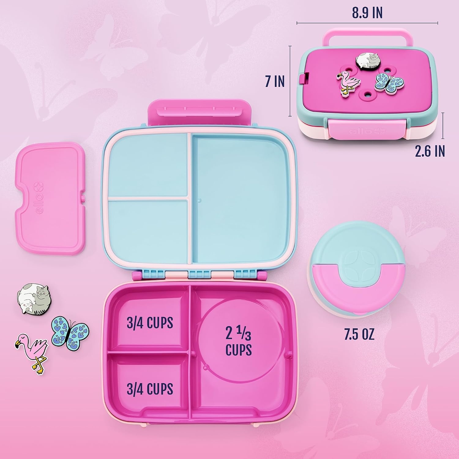 image:imageEllo Benni Kids Bento Box with Insulated Food Jar and Ice Pack Leakproof Lunch Container 3 Compartments Charm Compatible Hot and Cold Food Storage for School Lunch and Field Trips RainforestRazzmatazz