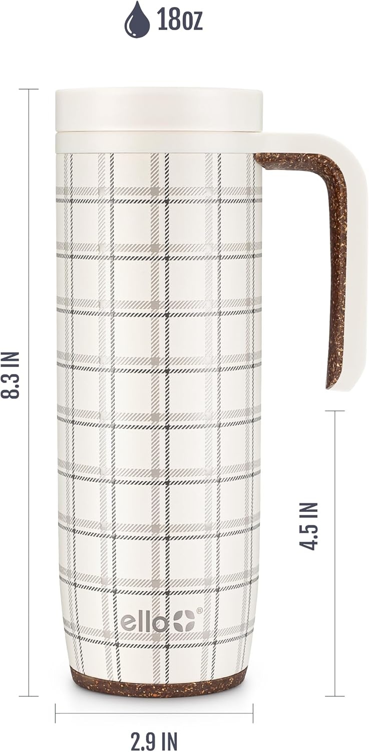 image:imageEllo Magnet 18oz Vacuum Insulated Stainless Steel Travel Mug with Side Handle and LeakProof Slider Lid and Builtin Coaster Keeps Hot for 5 Hours Perfect for Coffee or Tea BPAFree Cream Plaid