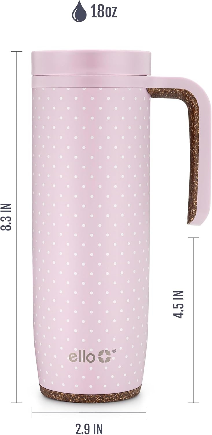 image:imageEllo Magnet 18oz Vacuum Insulated Stainless Steel Travel Mug with Side Handle and LeakProof Slider Lid and Builtin Coaster Keeps Hot for 5 Hours Perfect for Coffee or Tea BPAFree Tiny Dot Blush