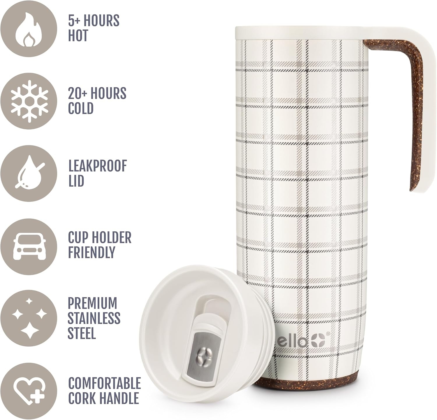 image:imageEllo Magnet 18oz Vacuum Insulated Stainless Steel Travel Mug with Side Handle and LeakProof Slider Lid and Builtin Coaster Keeps Hot for 5 Hours Perfect for Coffee or Tea BPAFree Cream Plaid