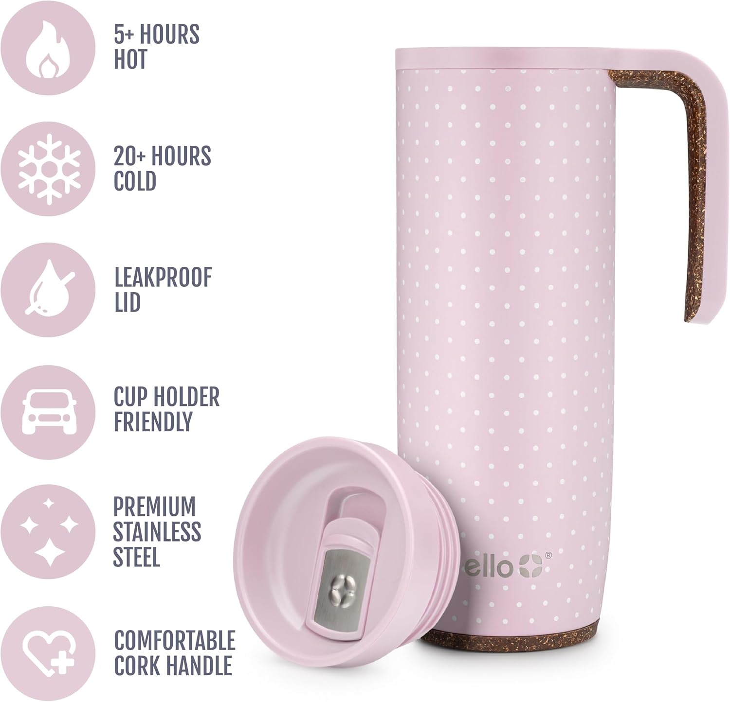 image:imageEllo Magnet 18oz Vacuum Insulated Stainless Steel Travel Mug with Side Handle and LeakProof Slider Lid and Builtin Coaster Keeps Hot for 5 Hours Perfect for Coffee or Tea BPAFree Tiny Dot Blush