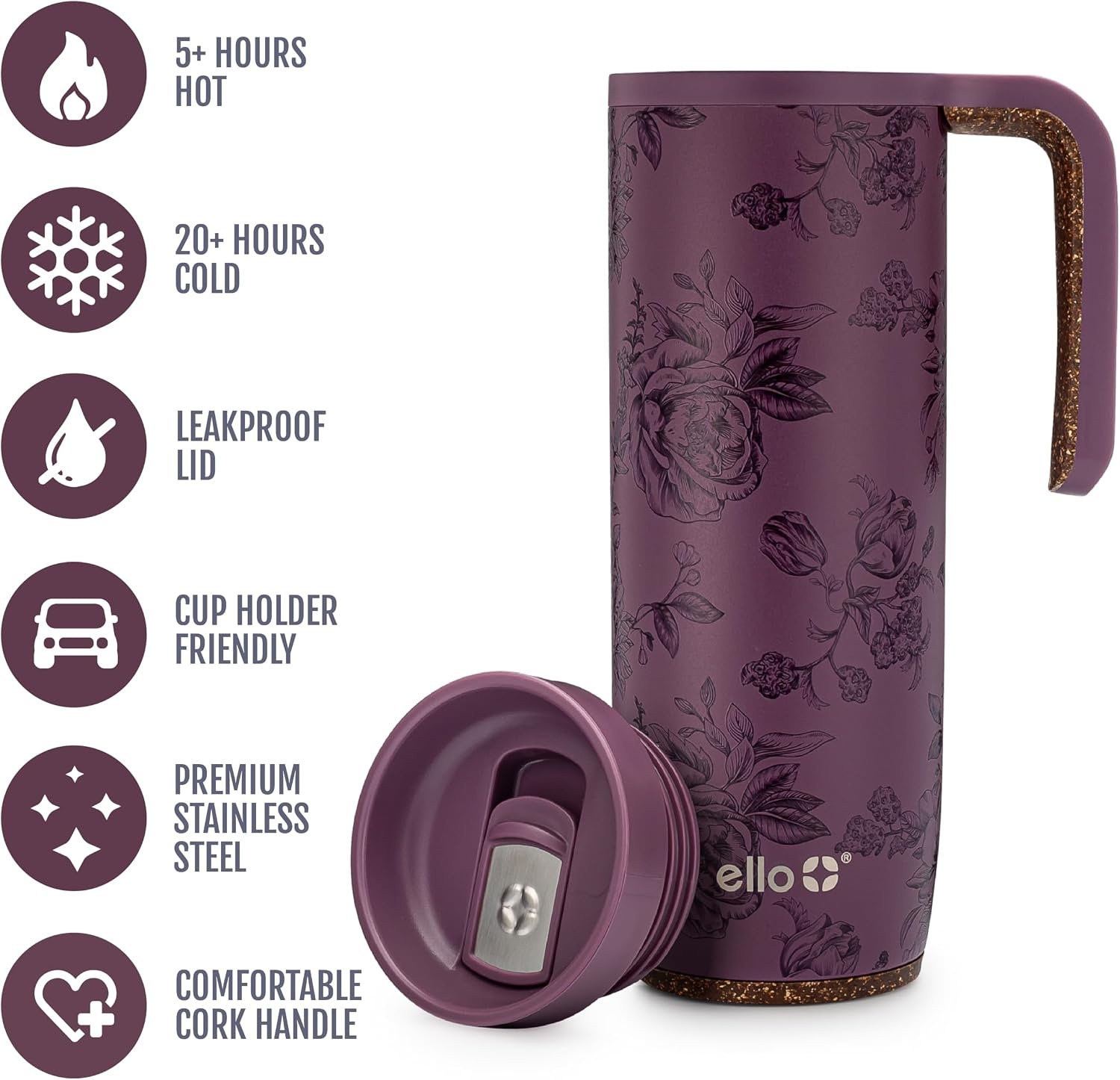 image:imageEllo Magnet 18oz Vacuum Insulated Stainless Steel Travel Mug with Side Handle and LeakProof Slider Lid and Builtin Coaster Keeps Hot for 5 Hours Perfect for Coffee or Tea BPAFree Porcelain Rose