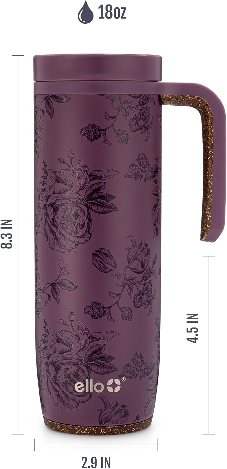 image:imageEllo Magnet 18oz Vacuum Insulated Stainless Steel Travel Mug with Side Handle and LeakProof Slider Lid and Builtin Coaster Keeps Hot for 5 Hours Perfect for Coffee or Tea BPAFree Porcelain Rose